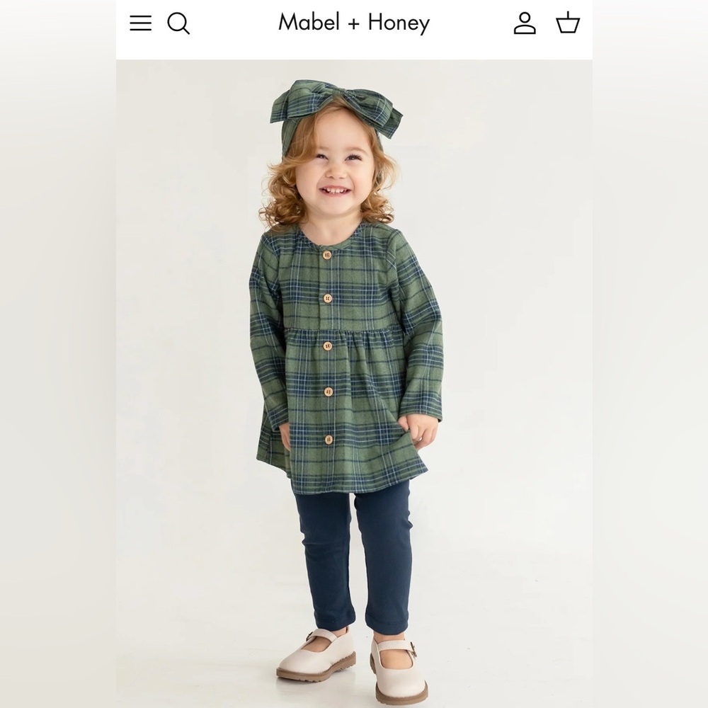 Mabel + Honey Cozy Creatures Green Plaid Long Sleeve Dress Set 12M